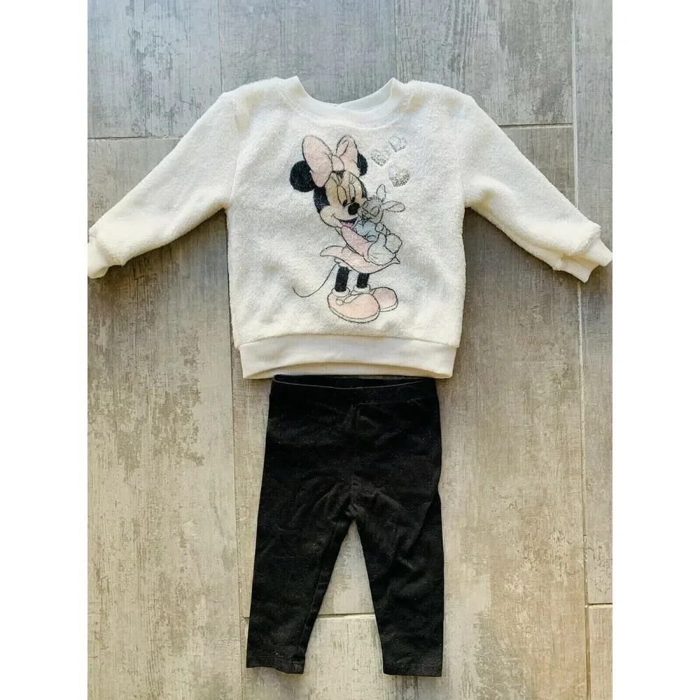 Baby Girl Disney Minnie Mouse Fleece Sweatshirt & Glitter Leggings Outfit 6-9 mo